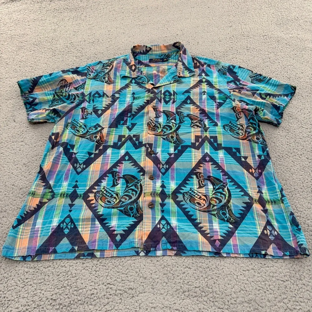 Polo Ralph Lauren Shirt XXL Southwestern Tribal Fish Plaid Camp Turquoise